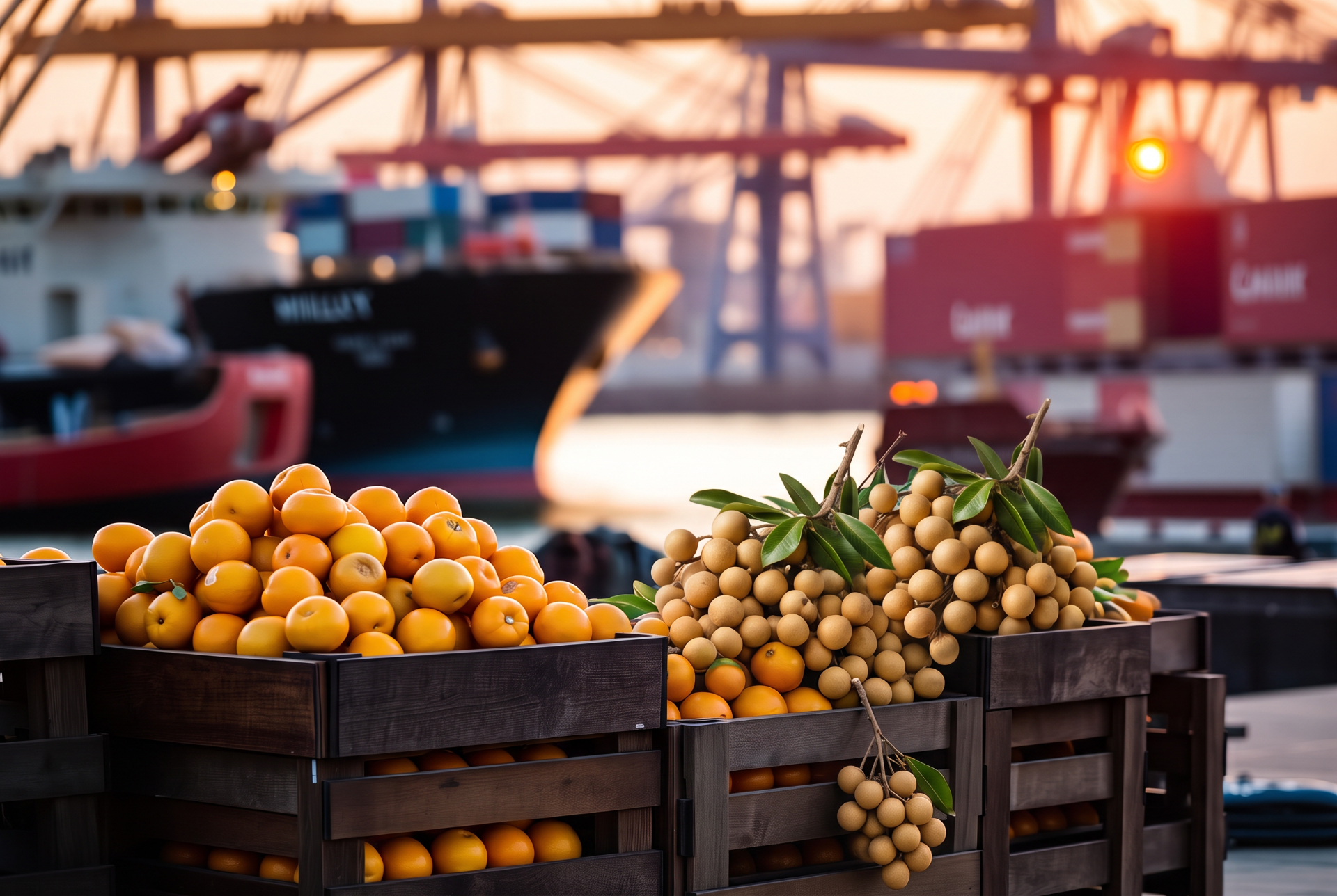 Crates of oranges and longan on a shipping dock at sunset